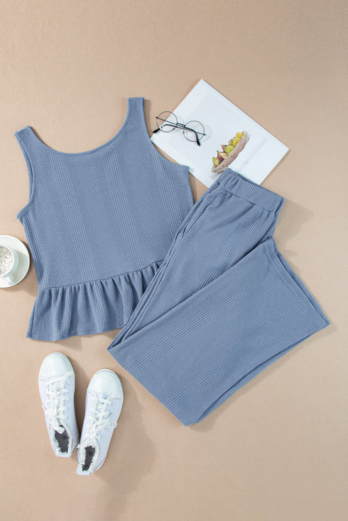 Solid Color Ribbed Ruffle Tank Top and Pants Set